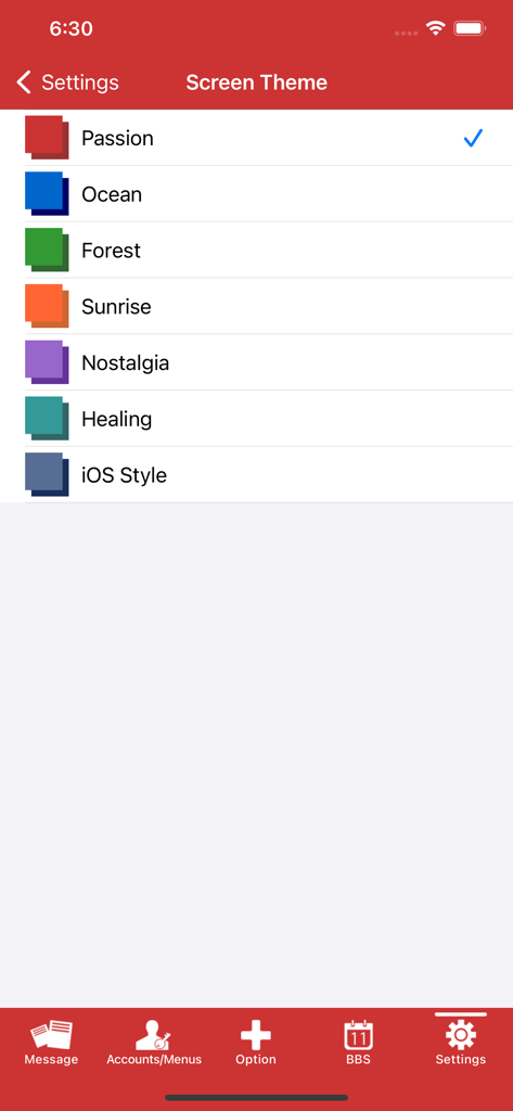 Ocrenger - Ocrenger app screen theme settings showing various color options like Passion Ocean and Forest