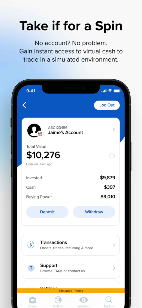 IBKR GlobalTrader - IBKR GlobalTrader mobile app interface showing a simulated trading account with virtual cash balance
