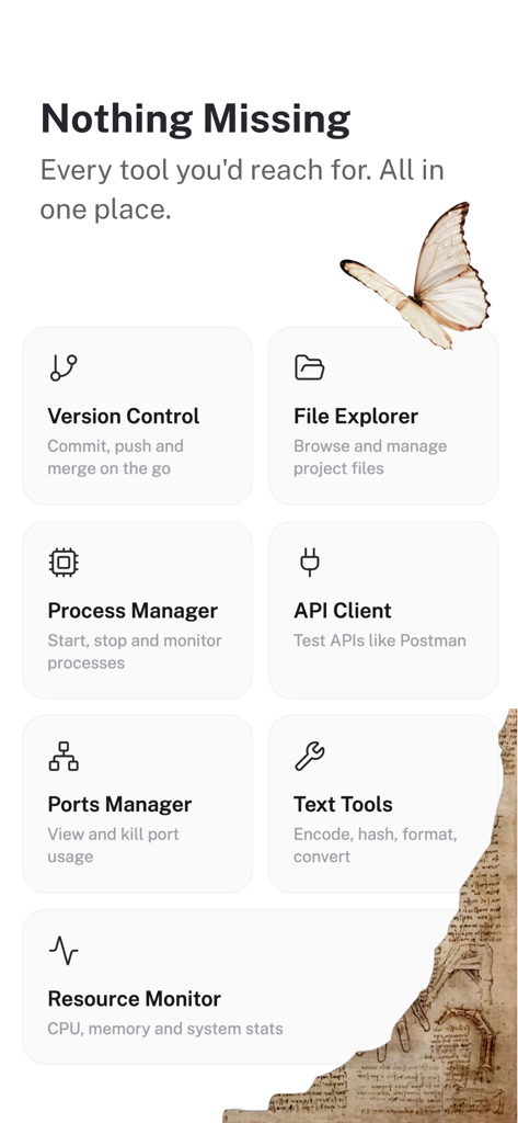 Lunel - A list of developer features in the Lunel app including version control file explorer process manager and api client