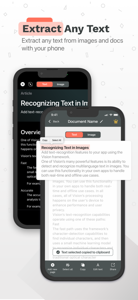 スマートフォンカメラを使用して書類からテキストを抽出およびコピーするプロセスを示す「今すぐスキャン」アプリのインターフェース