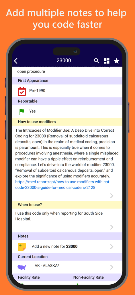 iCoder CPT RVU ICD10 HCPCS - iPhone-Screenshot der iCoder-App mit detaillierten Notizen und Modifikatoranweisungen für den CPT-Code 23000.