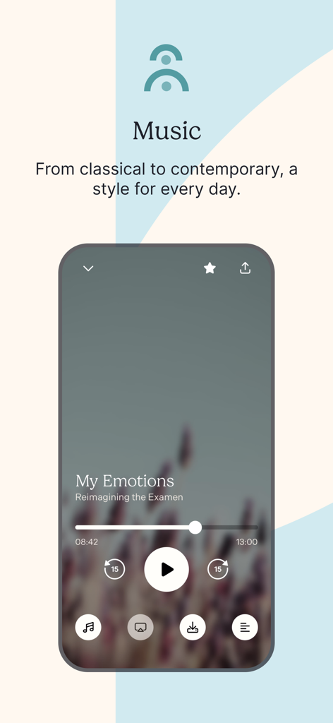 Audio player interface of the Pray As You Go app featuring the My Emotions meditation session and diverse music options.