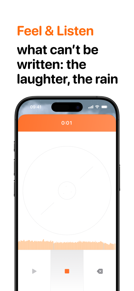 Ben Journal Digital Diary - Interfaz de grabación de voz en la aplicación Ben Journal con una forma de onda de audio y el lema Siente y Escucha lo que no se puede escribir.