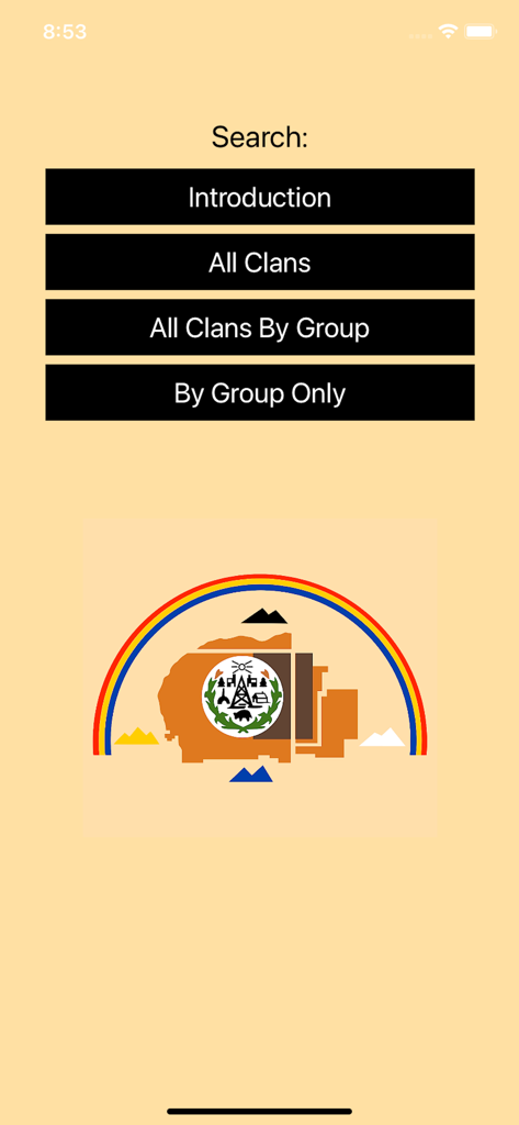Navajo Clans Native Language - Main menu of the Navajo Clans app featuring search buttons for clans and groups with tribal artwork.