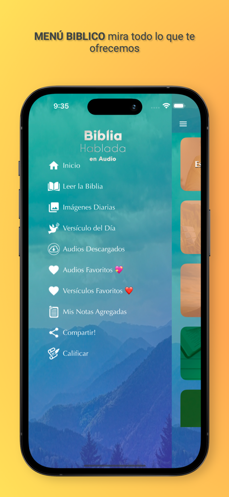 Biblia Hablada en Audio - オーディオ聖書スペイン語版アプリのメインナビゲーションメニュー。