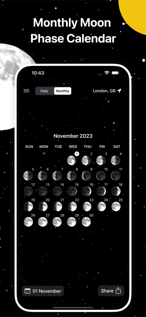 Moon Phase: Lunar Calendar - Una pantalla de smartphone que muestra un calendario lunar mensual con iconos de fases lunares para cada día sobre un fondo estrellado oscuro