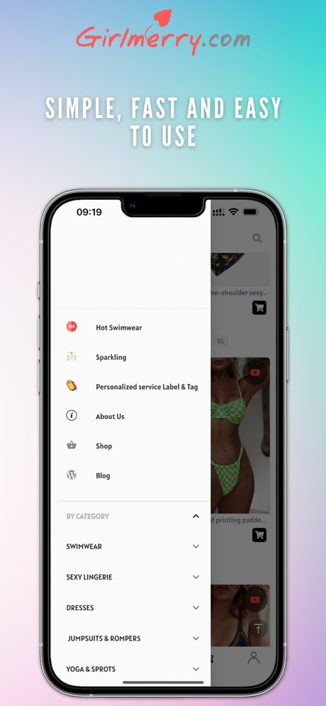 Sidebar menu of the Girlmerry app showing fashion categories and private label services for business owners.
