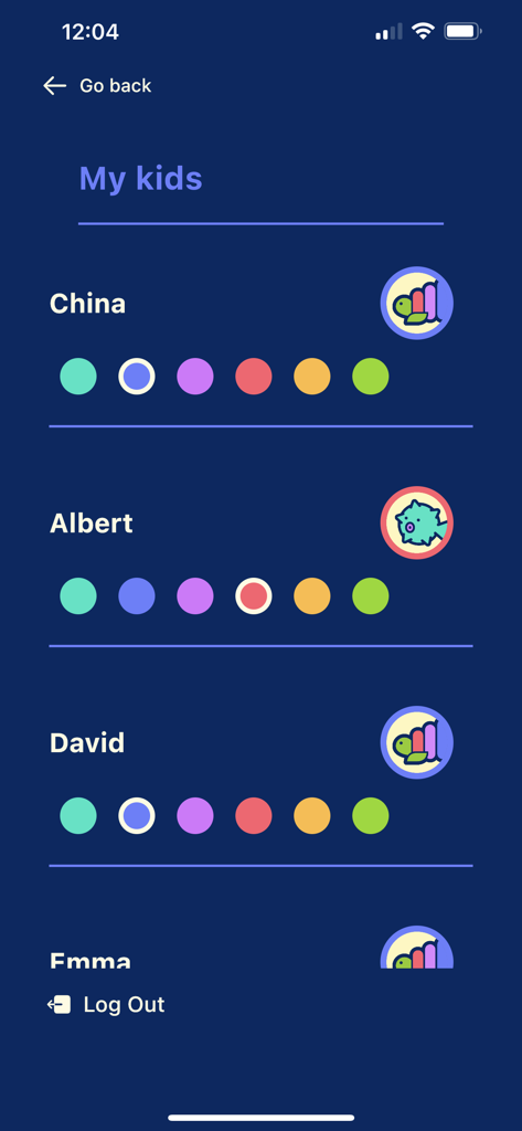 Totuga Music - Lista de perfiles infantiles personalizados en la aplicación Totuga Music.