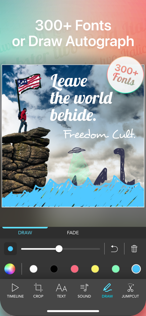 Interfaz del Editor Cuadrado para Recortar Videos mostrando herramientas de texto y dibujo sobre una foto.