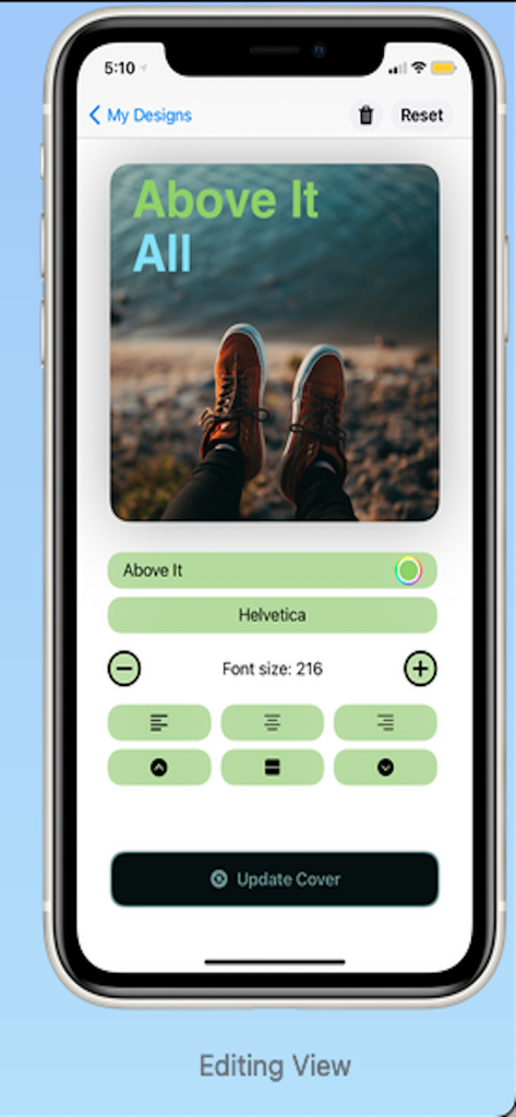 Covers Maker & Design Pro Art - A smartphone screen showing the editing interface of the Covers Maker app with tools for customizing font and text on an album cover.