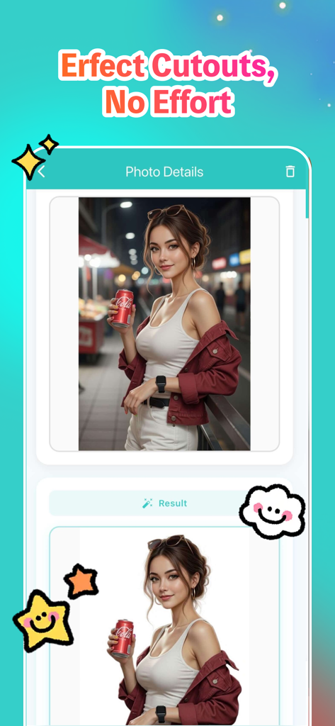 Picai - Photo - Picai AIを使用して、街の背景がある写真がクリーンな白い背景に置き換えられる、前後の比較。