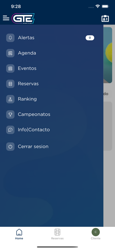 Club GTE - Side navigation menu of the Club GTE sports app showing options for agenda, events, reservations, and rankings.