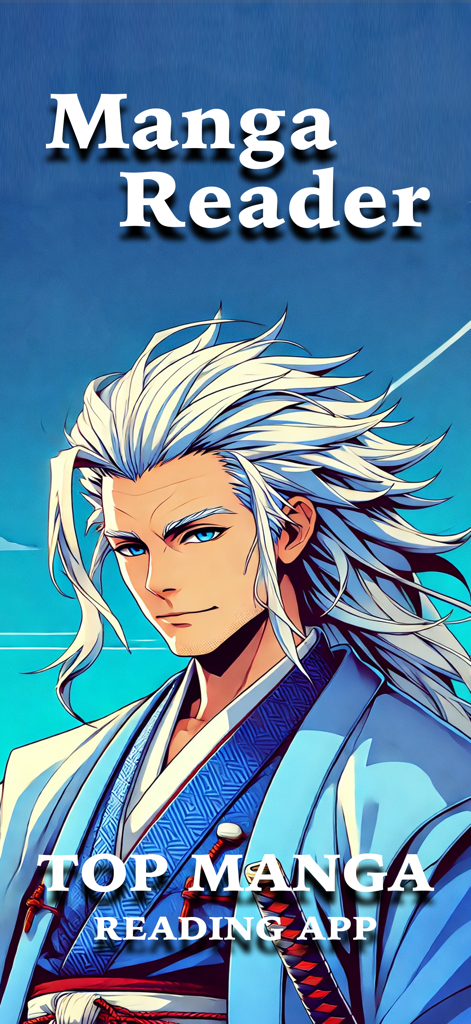 Manga Reader Manwa & Manhua - Un personnage d'anime aux longs cheveux blancs et aux yeux bleus, portant un kimono bleu traditionnel sur l'écran de démarrage de Manga Reader.