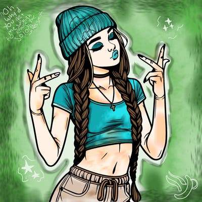 realistic teenage girl with braids and a beanie and crop top doing 🫶🏼