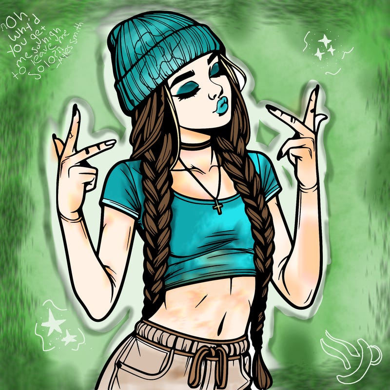 realistic teenage girl with braids and a beanie and crop top doing 🫶🏼