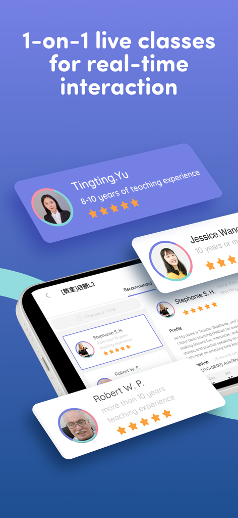 Interface de l'application LingoAce montrant divers profils d'enseignants certifiés pour des cours interactifs individuels en direct