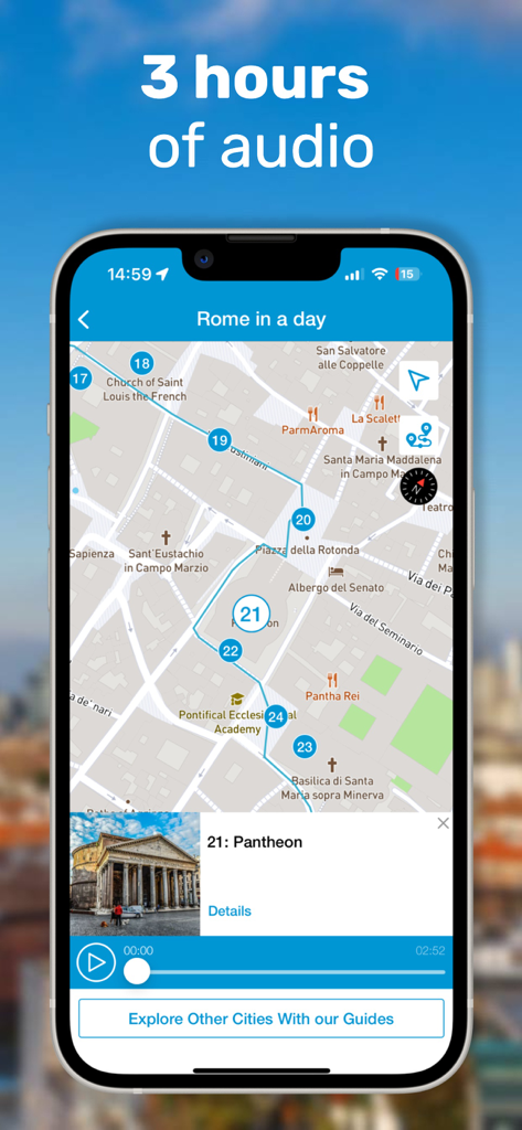 Smartphone screen showing the Rome Travel Guide app with an offline map of a walking tour and the Pantheon audio player
