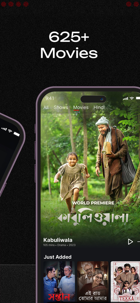 hoichoi - Movies & Web Series - A smartphone screen showing the hoichoi app interface with a large collection of Bengali movies and the world premiere of Kabuliwala.