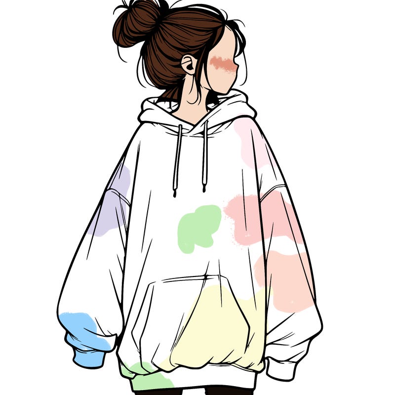 realistic girl with a oversized sweatshirt on and a bun