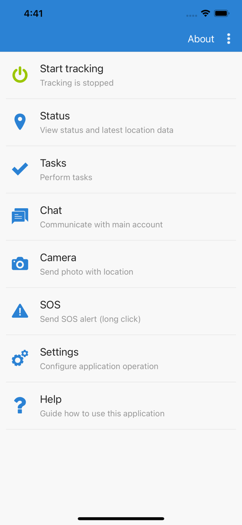 GPS Tracker - Mobile Tracking - Main menu of the GPS Tracker mobile app showing tracking, tasks, and chat features