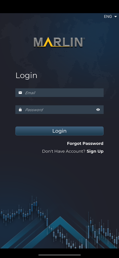 Marlin® - Login screen of the Marlin trading app showing email and password fields