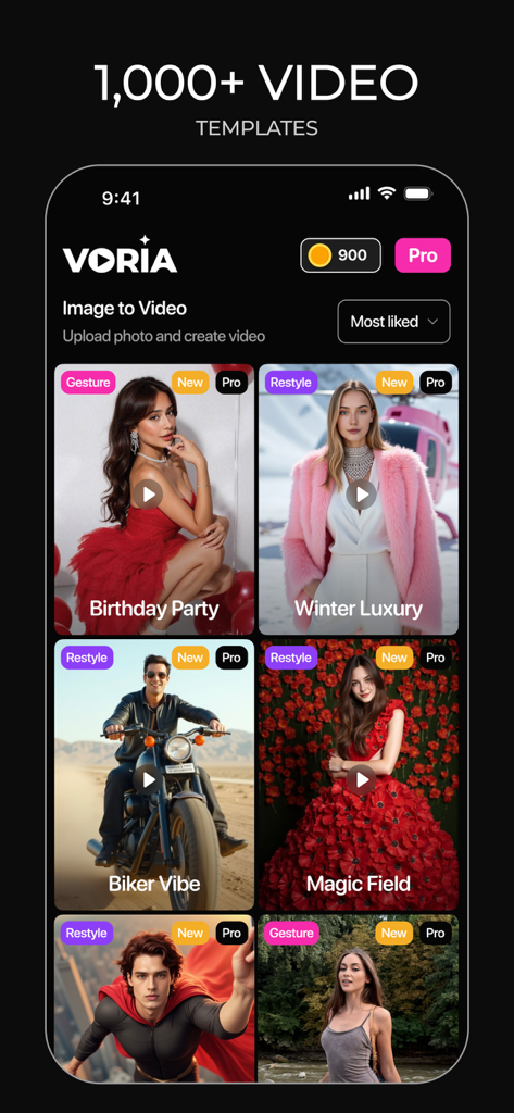 Voria: AI Video & Photo - Voria mobile app screen displaying a selection of aesthetic AI video templates for social media content