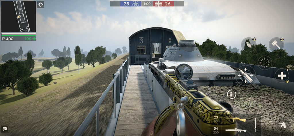 First-person perspective of a player holding a gold submachine gun next to a tank in World War Heroes.
