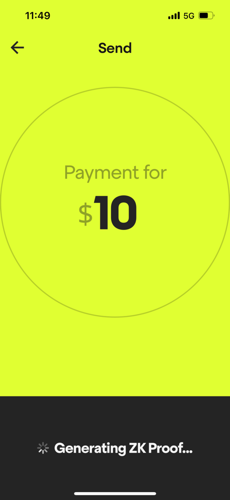 A ten dollar payment being processed on the Payy app with a status message indicating the generation of a ZK proof for privacy.