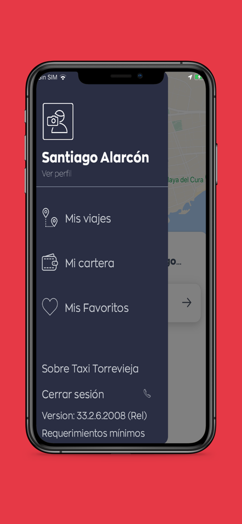 Side navigation menu of the Taxi Torrevieja app showing user profile and trip history.