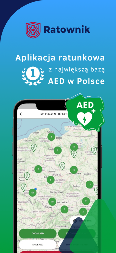 Ratownik app interface showing a map of AED locations in Poland