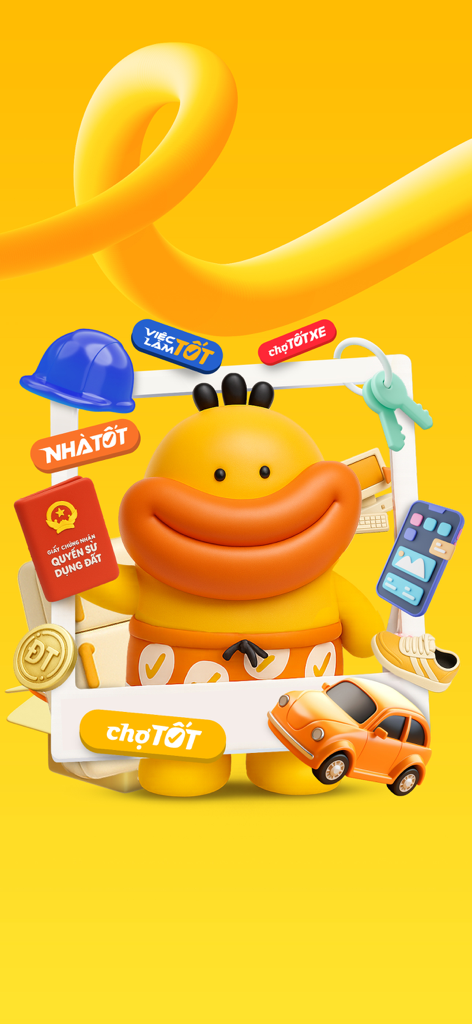 Mascota amarilla de la app Cho Tot rodeada de iconos de empleos, bienes raíces y vehículos.