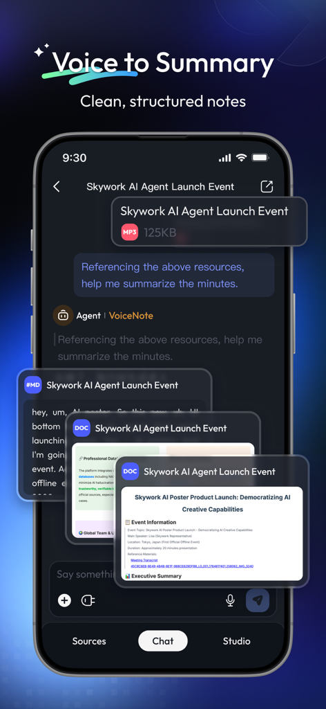 Skywork app interface displaying the voice to summary feature with structured meeting notes.