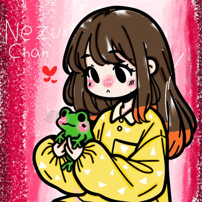 girl with long hair and a oversized shirt. and she is holding a frog