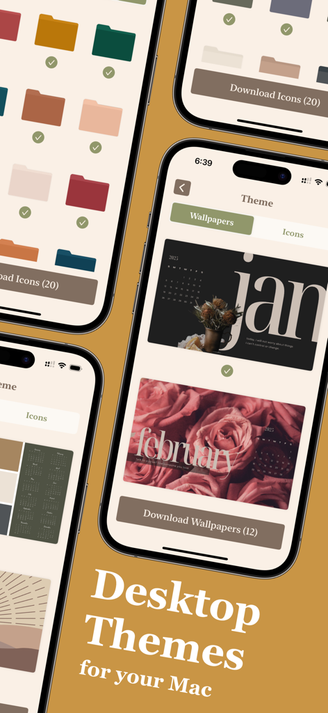 StyleKit- Aesthetic Widgets - Écrans de l'application StyleKit montrant des thèmes de bureau esthétiques et des fonds d'écran de calendrier pour Mac.