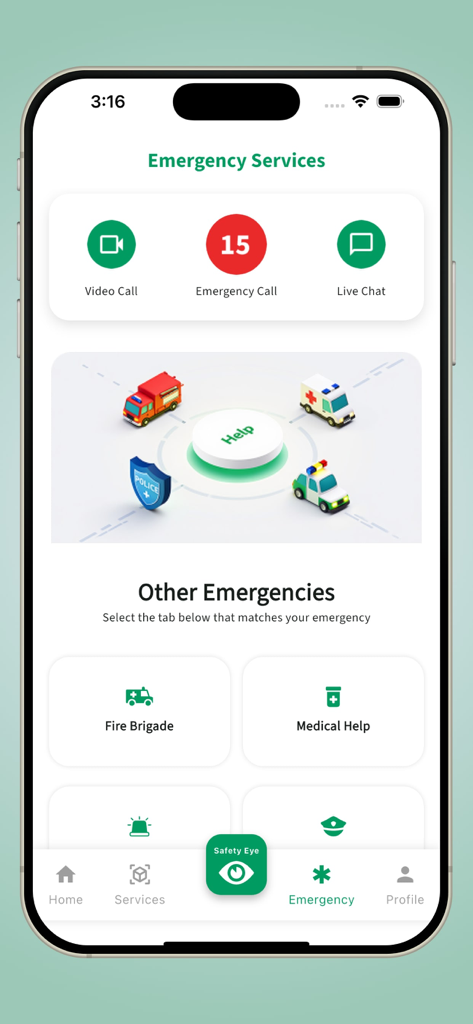 PSCA - Public Safety - Pantalla de servicios de emergencia de la aplicación PSCA Public Safety con opciones de llamada de emergencia, chat de video y asistencia médica y contra incendios.