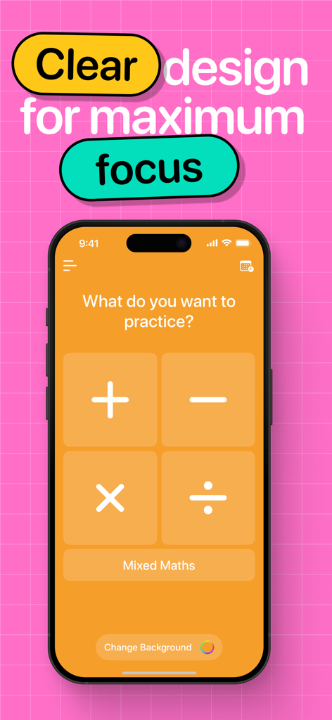 Math Facts Flash Cards app selection screen for addition subtraction multiplication and division with a clear focus design