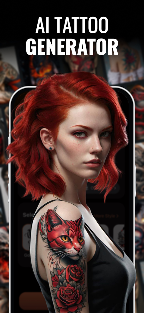 Eine Frau mit einem roten Katzen-Tattoo auf der Schulter, die die KI Tattoo Generator App benutzt.