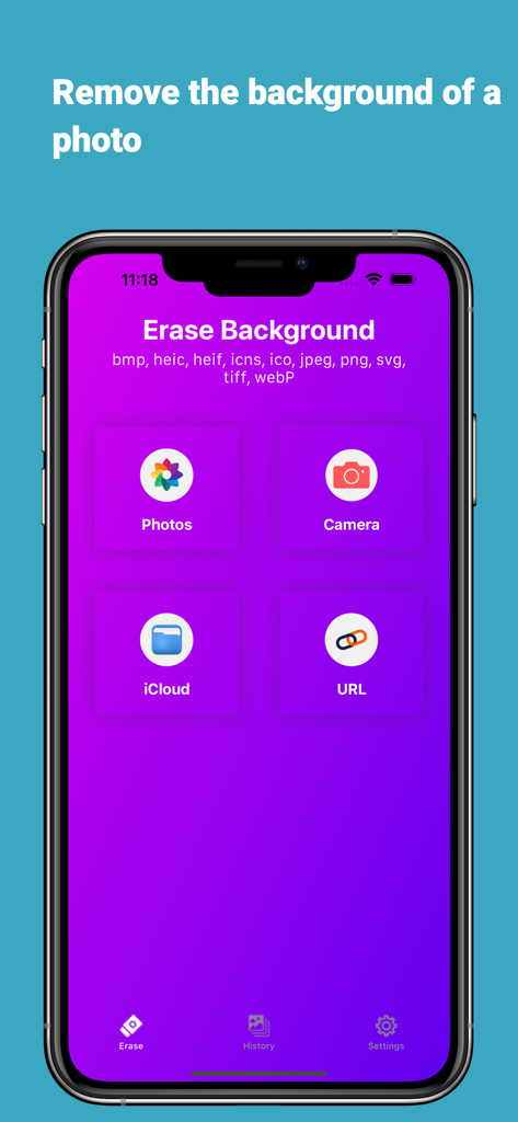 Background Transparent - Interface principal do aplicativo Fundo Transparente mostrando opções para importar fotos de várias fontes para apagar fundos