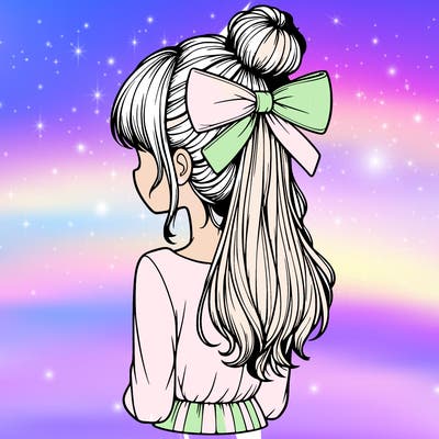 realistic girl  with hip length hair a bun and a big bow on the back of head