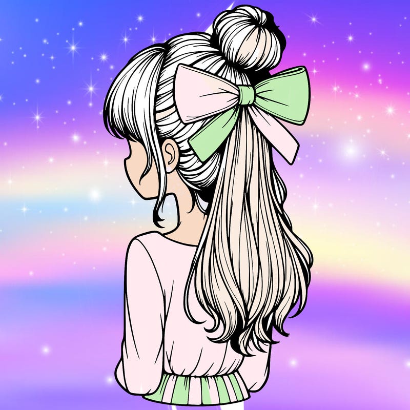 realistic girl  with hip length hair a bun and a big bow on the back of head