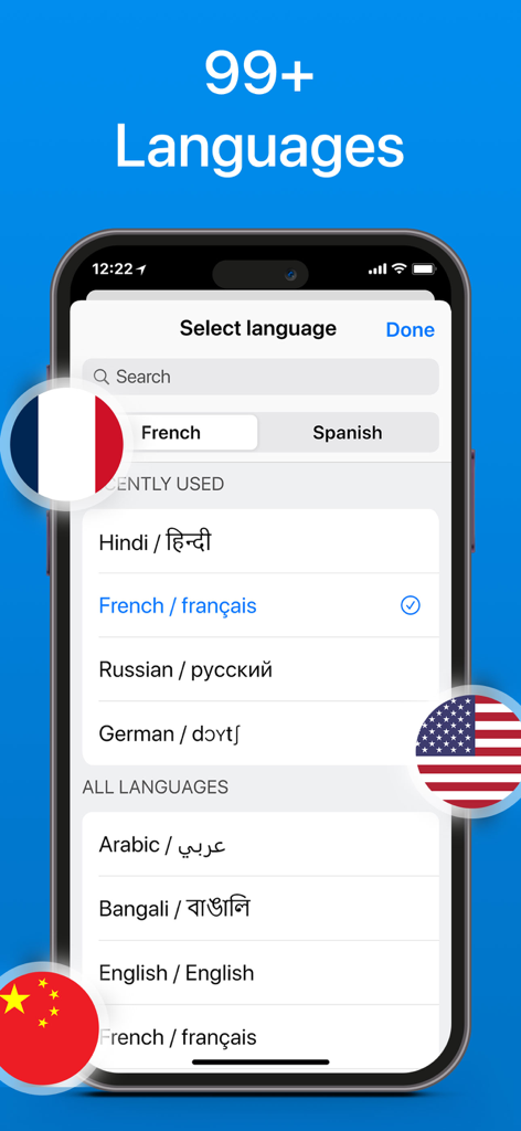 Captura de pantalla de una aplicación móvil que muestra una lista de más de 99 idiomas disponibles para traducción