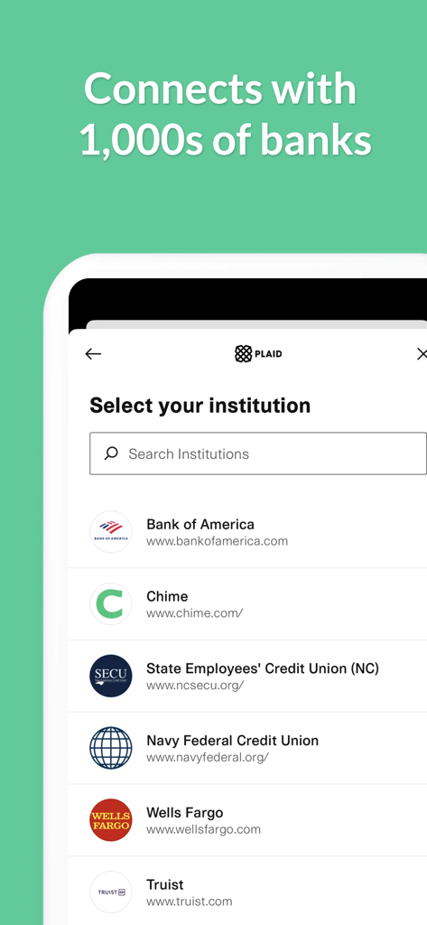 Weekly: Budget Planner App - Weekly app screen showing bank integration with Plaid to connect thousands of financial institutions like Bank of America and Wells Fargo