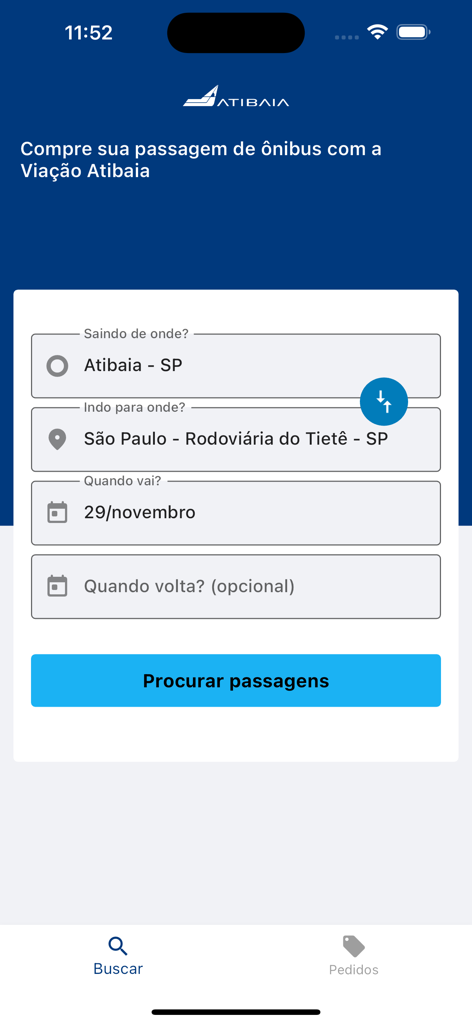 Search interface of the Viacao Atibaia app for booking bus tickets