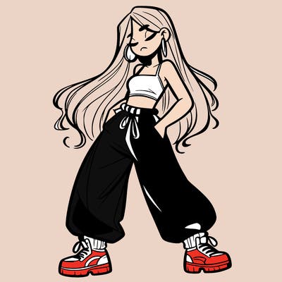 girl in baggy pants crop top and long hair