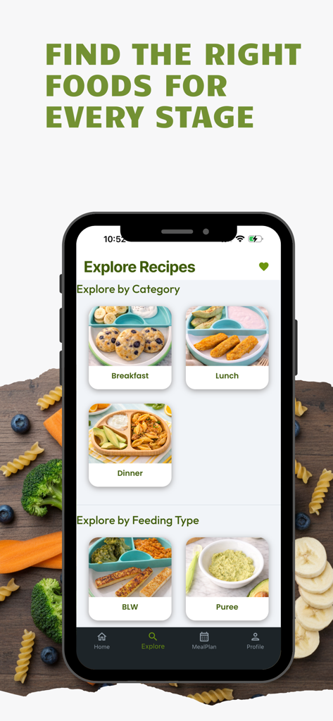 MunchMind - MunchMind mobile app interface displaying various baby food meal categories and feeding options