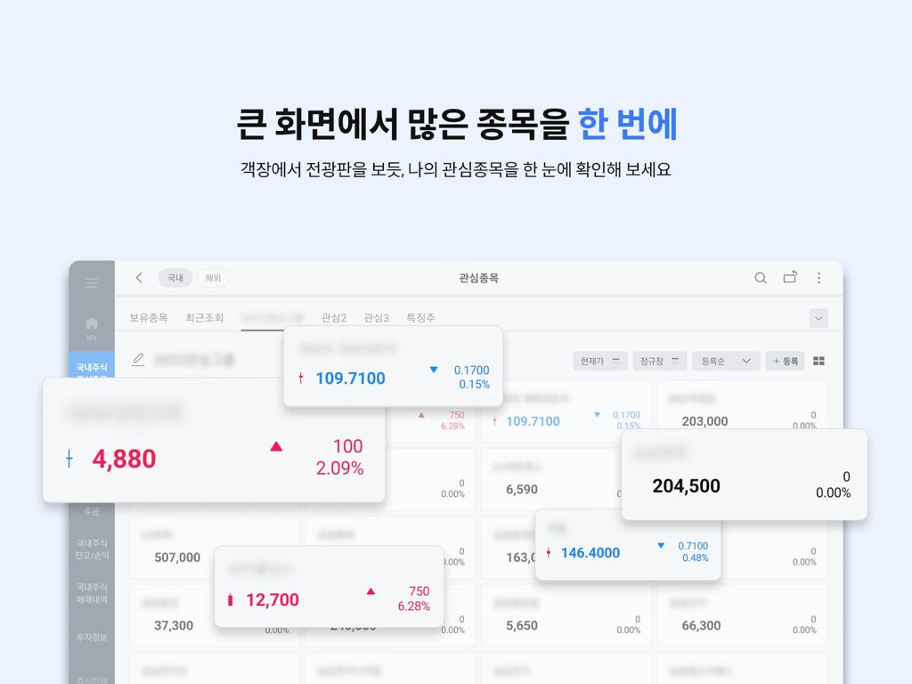 삼성증권 mPOP Tab (태블릿 전용) - Samsung Securities mPOP Tab app dashboard showing multiple stock prices on a tablet screen