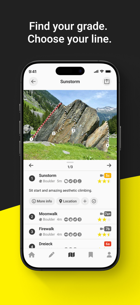 Boulder-Routen-Topo und Schwierigkeitsgrade in der 27 Crags App