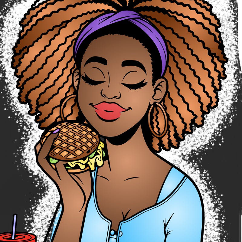 an african american woman eating a waffle burger realistic