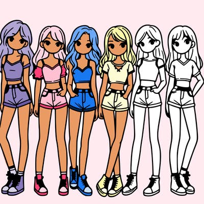 a group of girls wearing crop tops and shorts