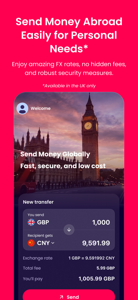 Écran de l'application mobile WorldFirst montrant un transfert d'argent international de Livres Sterling vers le Yuan chinois